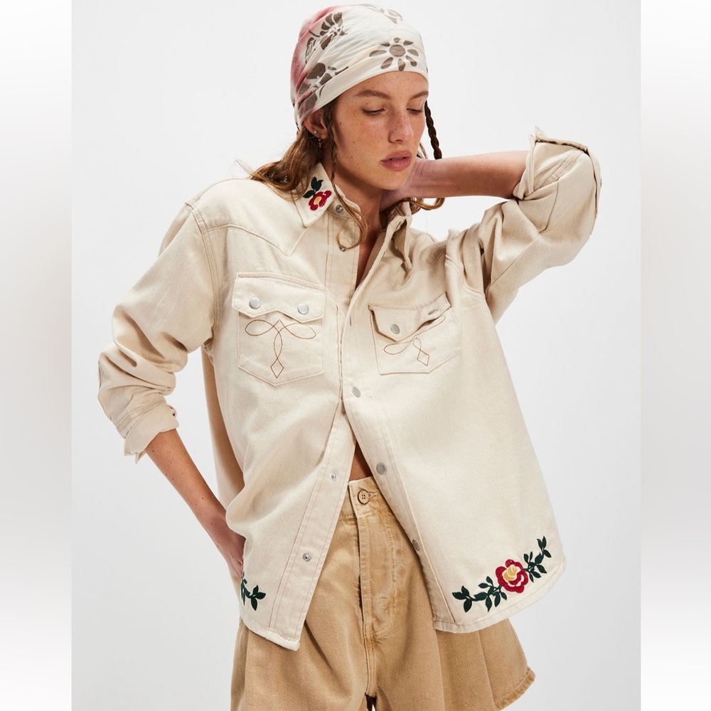 Found x Free People Western Floral Denim shirt